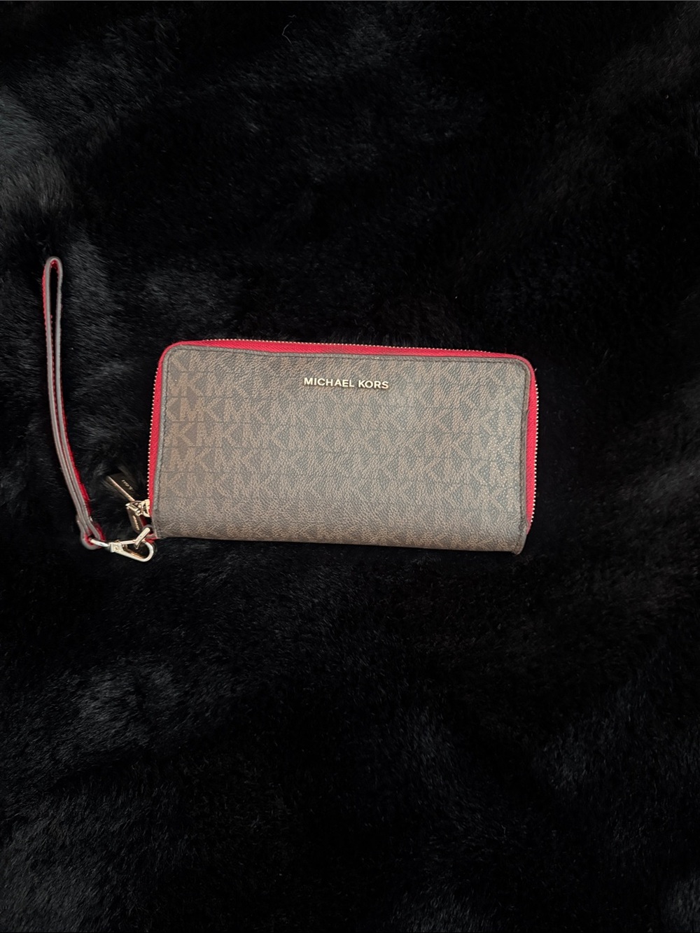 MICHAEL KORS Brown Logo Wristlet Wallet with Red Trim